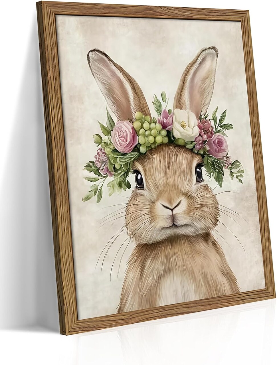 Framed Easter Bunny Wall Art, Spring Easter Rabbit Garland Canvas Wall Decor Painting, Cute Animal Flower Artwork Prints Pictures for Kids Nursery Living Room Bedroom 8x10 Inch Wood Frame